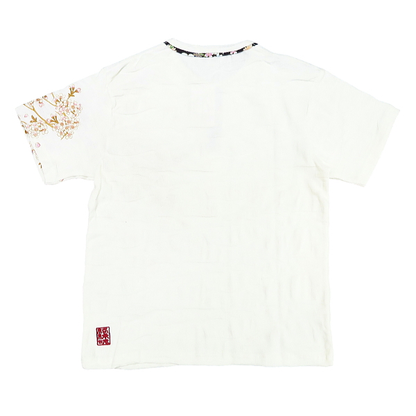 和柄ヘンリーネック半袖Tシャツ　三日月と枝垂れ桜(白）